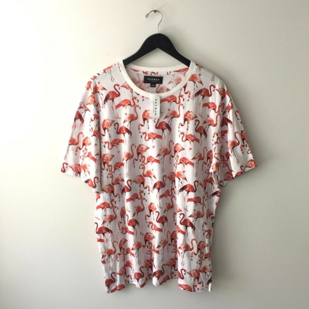 NEW Pacsun Flamingo All Over Print Tee Shirt White